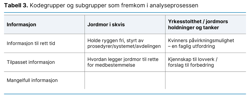Tabell 3. Kodegrupper og subgrupper som fremkom i analyseprosessen Tabell 3. Kodegrupper og subgrupper som fremkom i analyseprosessen