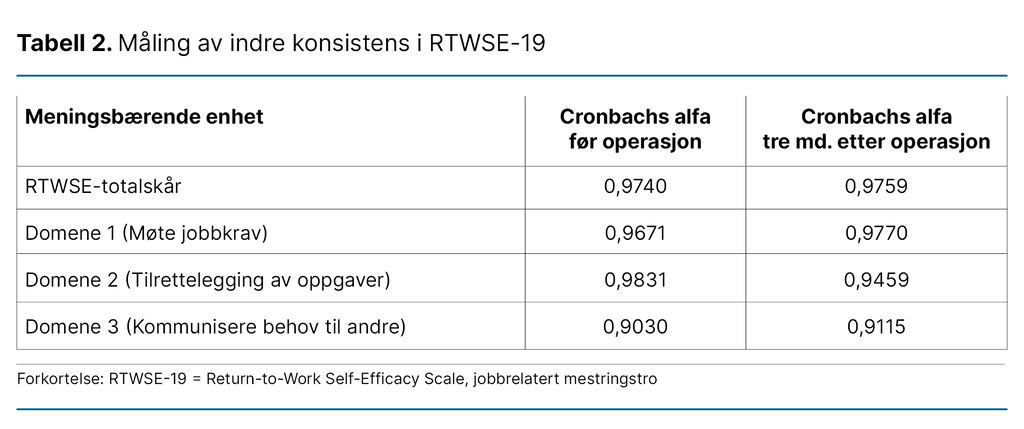 Tabell 2. Måling av indre konsistens i RTWSE-19
