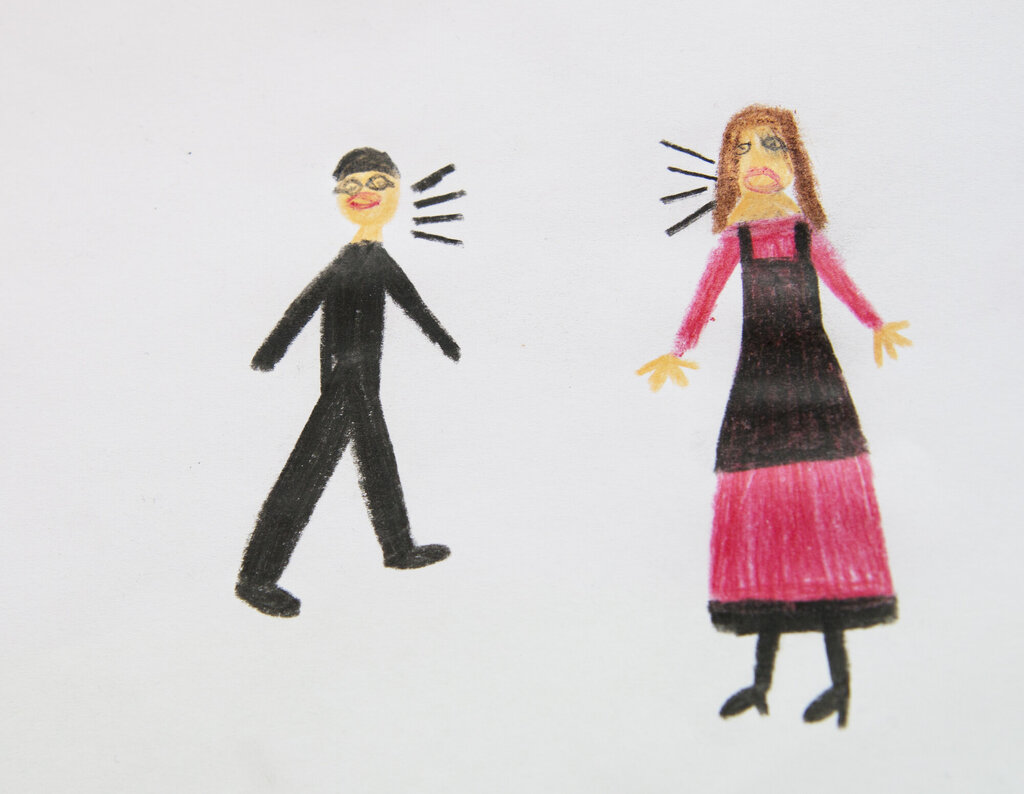 Barnetegning av voksne som krangler.