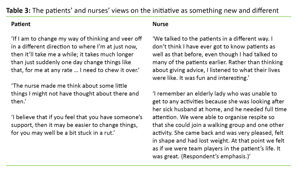 Table 3 Table 3. The patients’ and nurses’ views on the initiative as something new and different