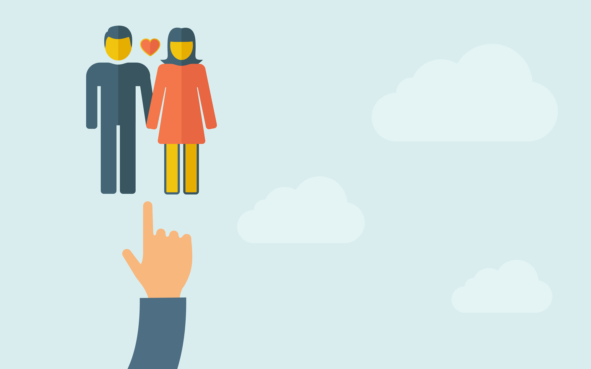 kjæresteforhold Illustrasjonen viser et par som holder hender og en hånd som peker på dem.