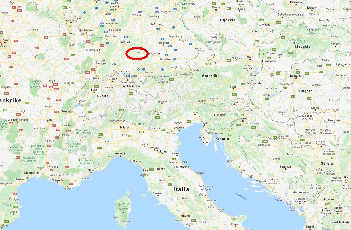 Ulm i Tyskland Skjermdump av Ulm i Tyskland på Google-map