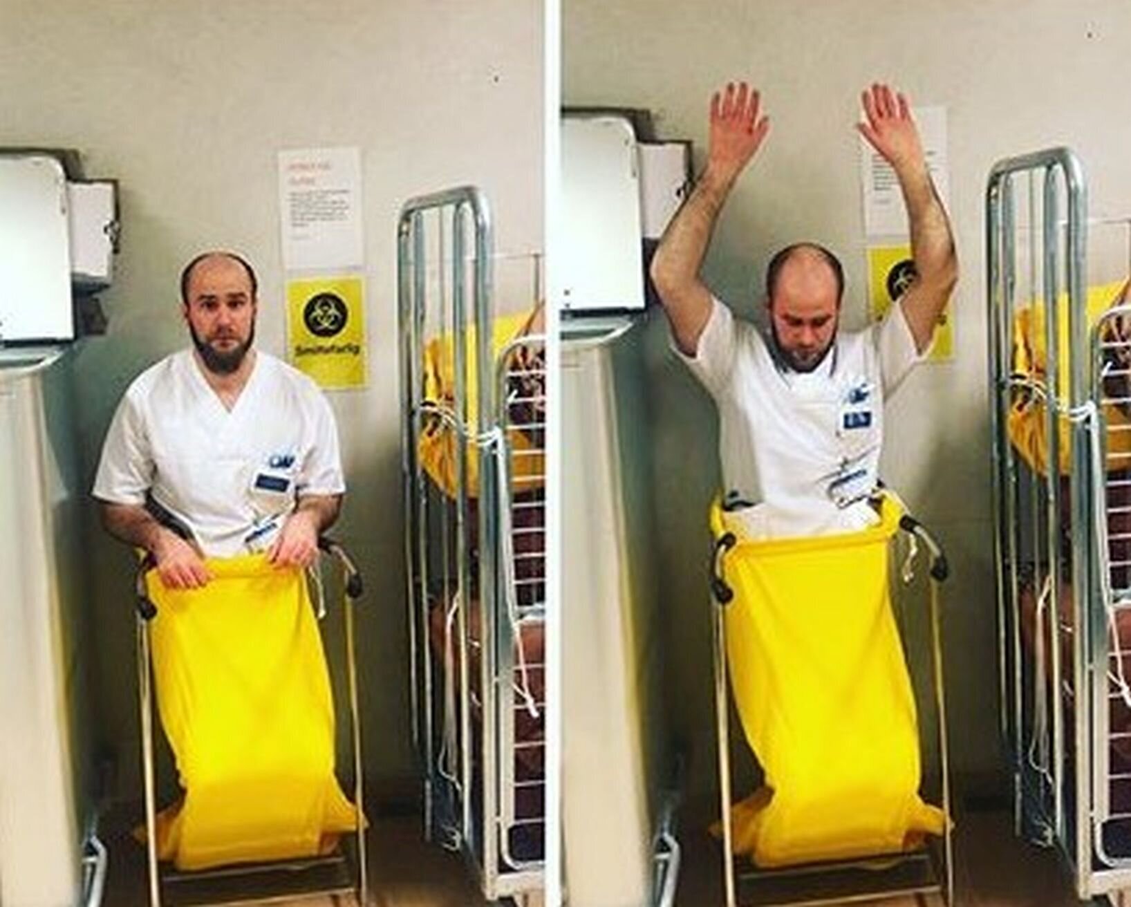 Thomas Strandos-Lundesgaard, @nurse2mas Bildet viser Thomas Strandos-Lundesgaard som selv går opp i en smittesekk.