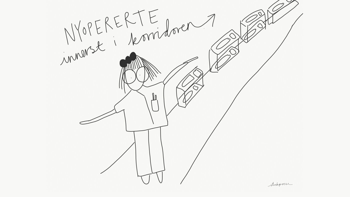 Bildet viser en tegning av en sykepleier i sykehuskorridoren