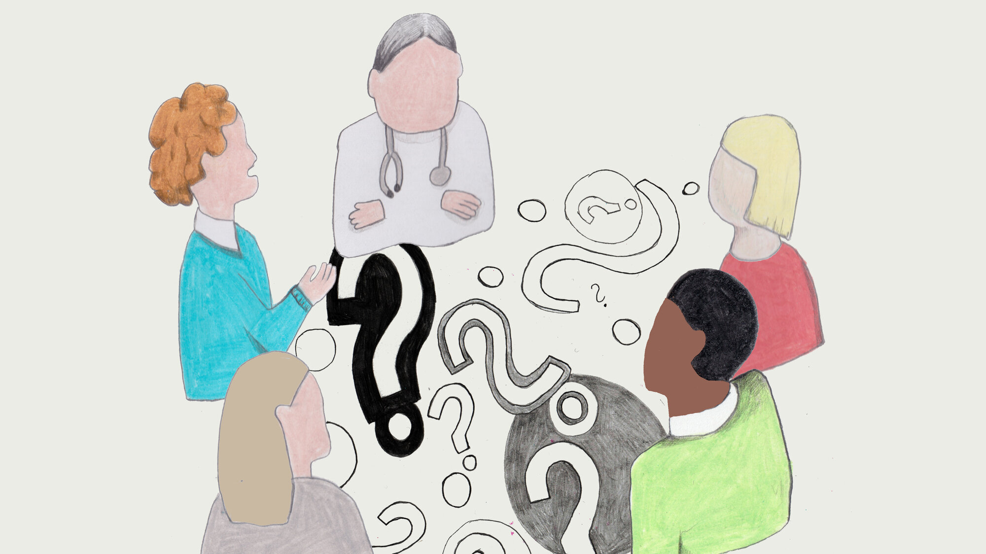 Drøfting i etikk-komité Illustrasjonen viser personer som sitter rundt et bord og drøfter