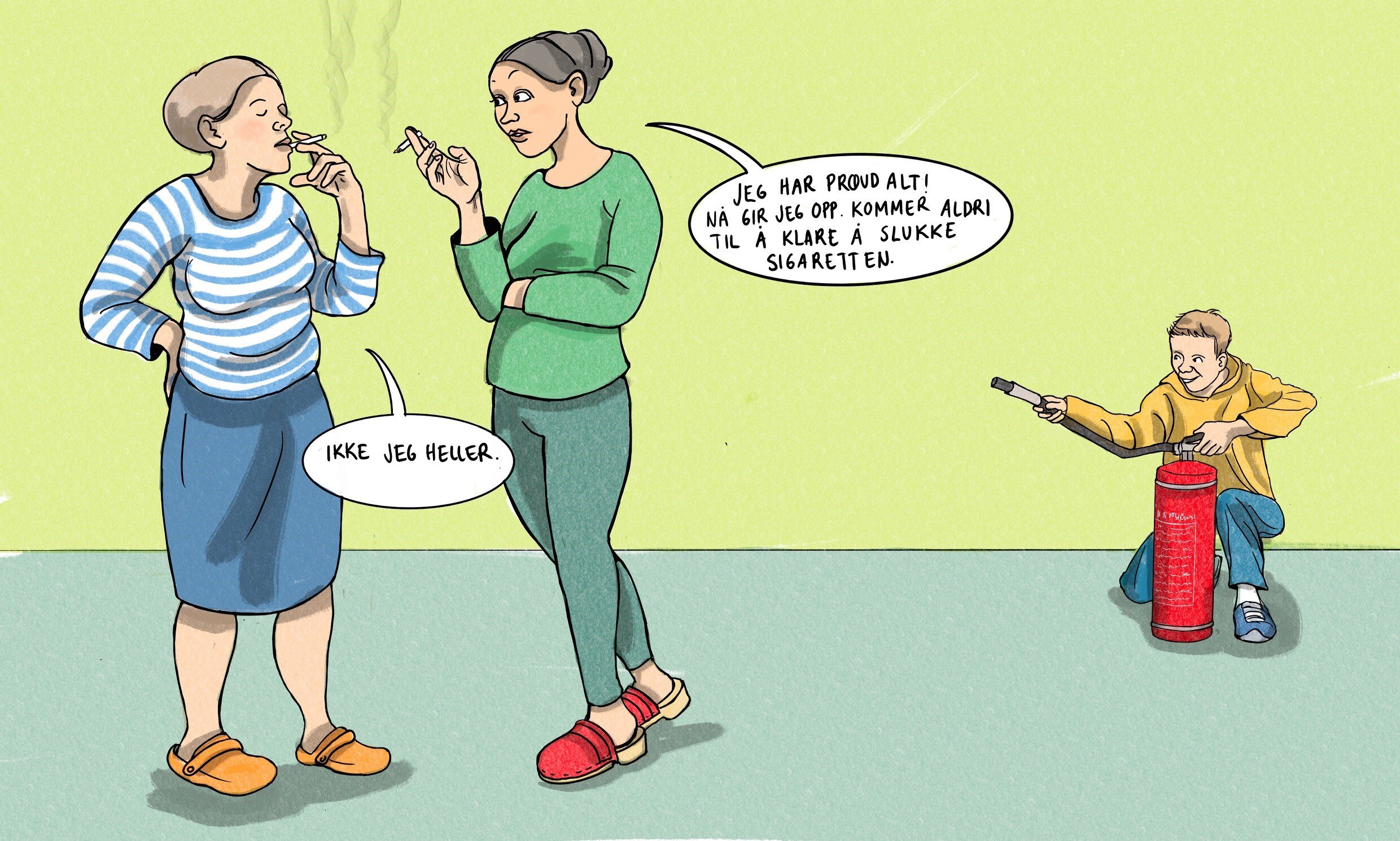 Røykeslutt Illustrasjonen viser to kvinner som står og røyker mens en gutt retter et brannslokkingsapparat mot dem.