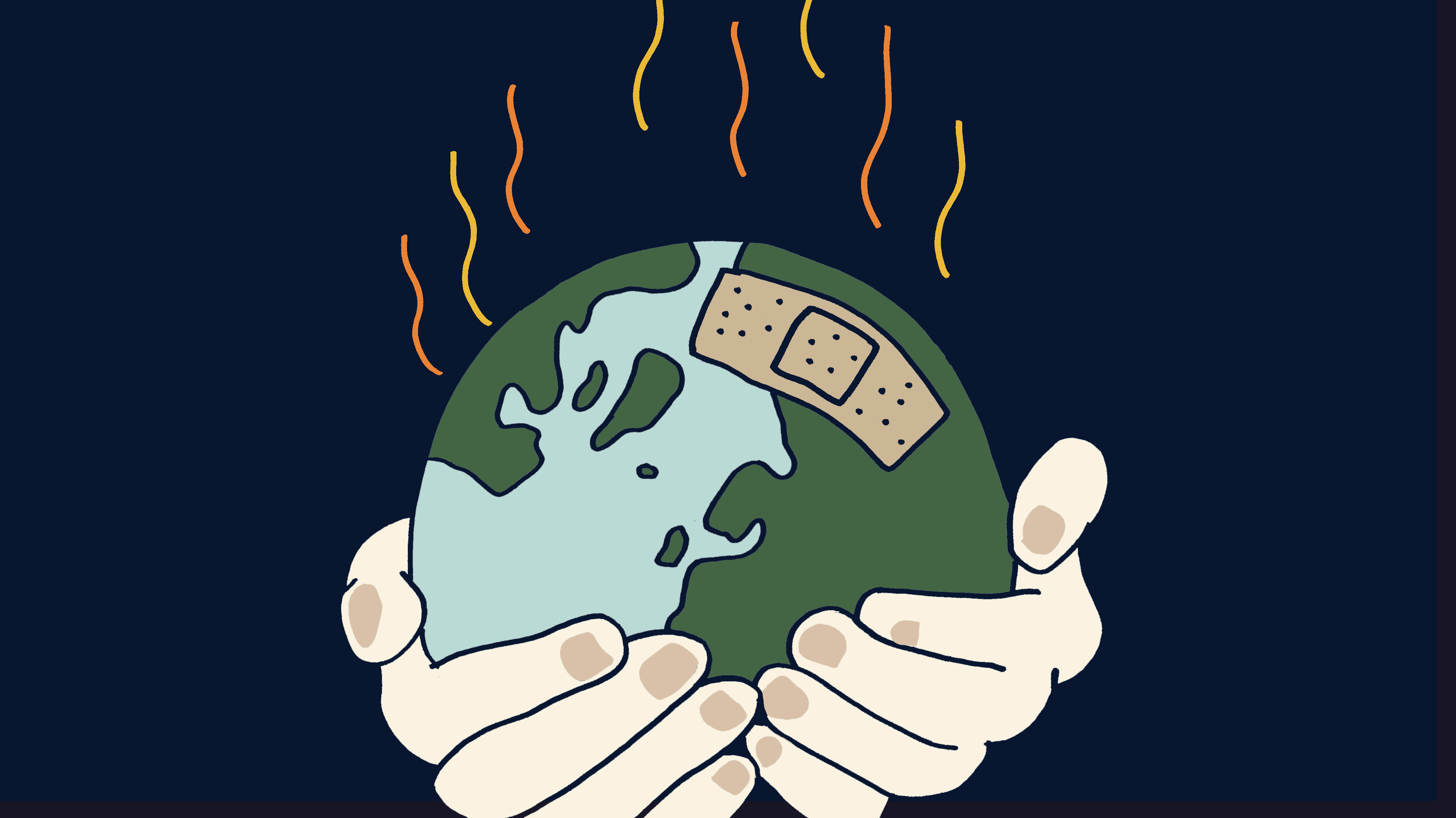 Vår sårbare jordklode Illustrasjonen viser to hender som holder en rykende klode med et plaster på.