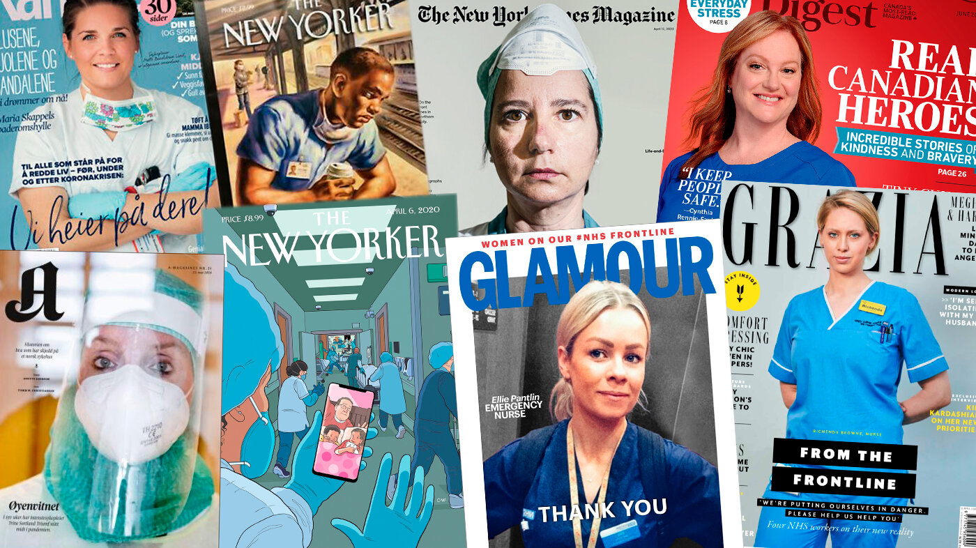 collage omtale medier magasinforsider med sykepleiere