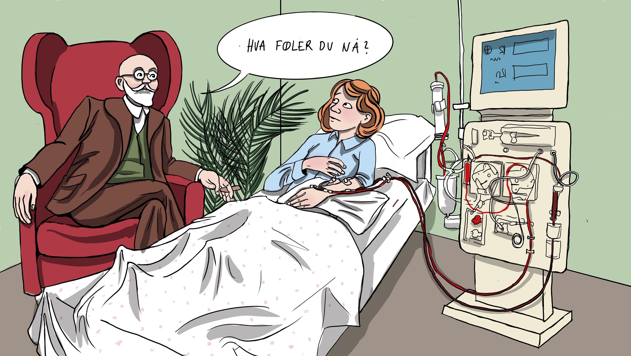 Depresjon og dialyse Illustrasjonen viser en dialysepasient som får dialyse mens en eldre mann sitter i en stol ved siden av og sier "Hva føler du nå?"