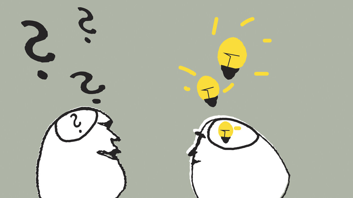 Tegning av to personer. Den ene med lyspærer over hodet, den andre med spørsmålstegn over hodet. Tegning av to personer. Den ene med lyspærer over hodet, den andre med spørsmålstegn over hodet.