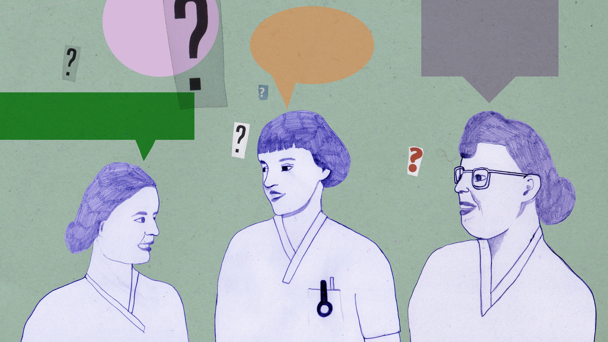 Undrende sykepleiere Illustrasjonen viser tre sykepleiere som ser spørrende ut