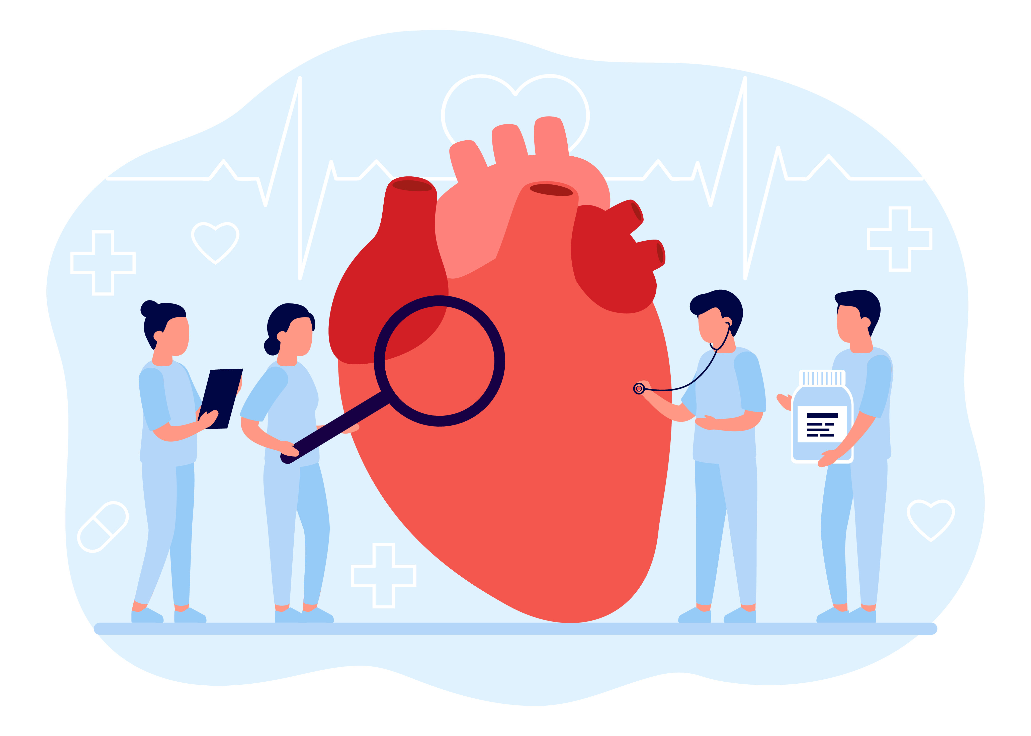 Sykepleiere og leger som studerer et hjerte. Tegning av sykepleiere og leger som studerer et hjerte som er større enn dem selv..