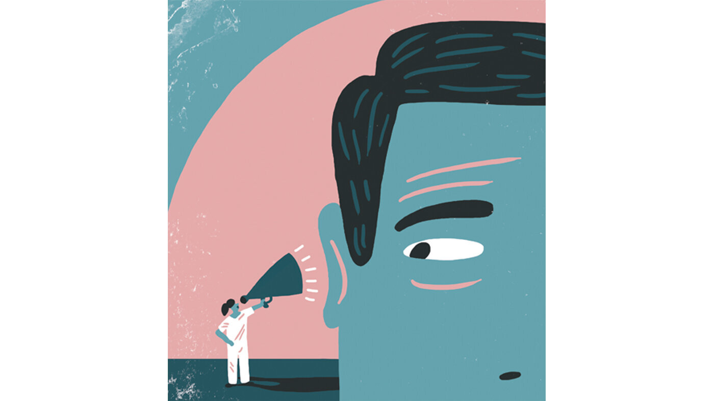 En sykepleier som står med en ropert. Illustrasjonen viser en sykepleier som står med en ropert.