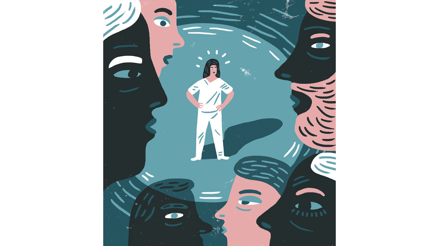 Sykepleier som er omringet av store ansikter Illustrasjonen viser en sykepleier som er omringet av store ansikter