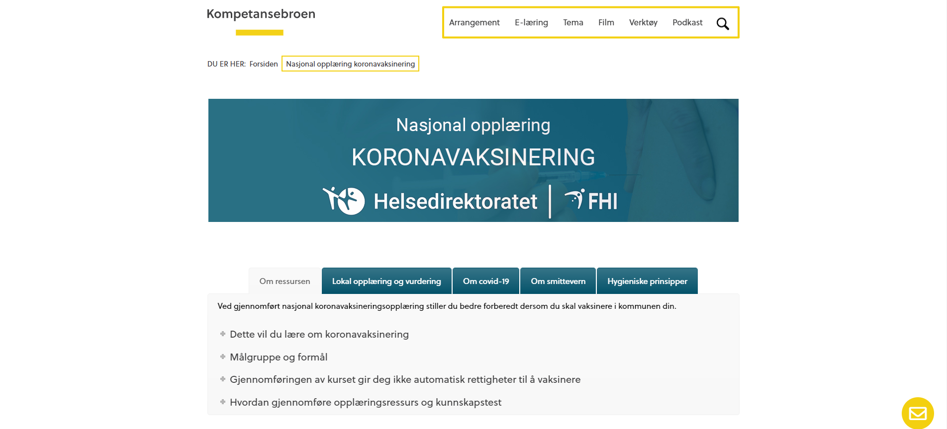Skjermdump Bildet viser en skjermdump av den nasjonale opplæringen i koronavaksinering.