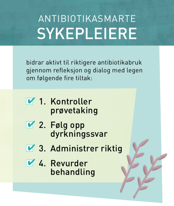 antibiotikasmart sykepleier, sykepleierkort Bildet viser et kort der det står fire huskeregler til sykepleiere om antibiotika.