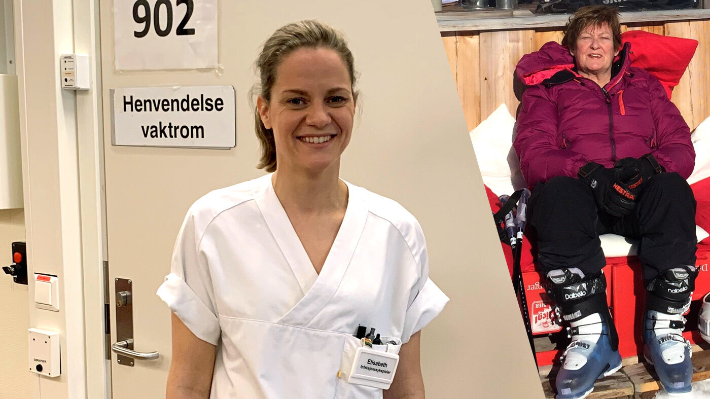 Sykepleier Elisabeth Aarseth Plassen og koronapasient Anne Karin Carlsen Sykepleier Elisabeth Aarseth Plassen og koronapasient Anne Karin Carlsen