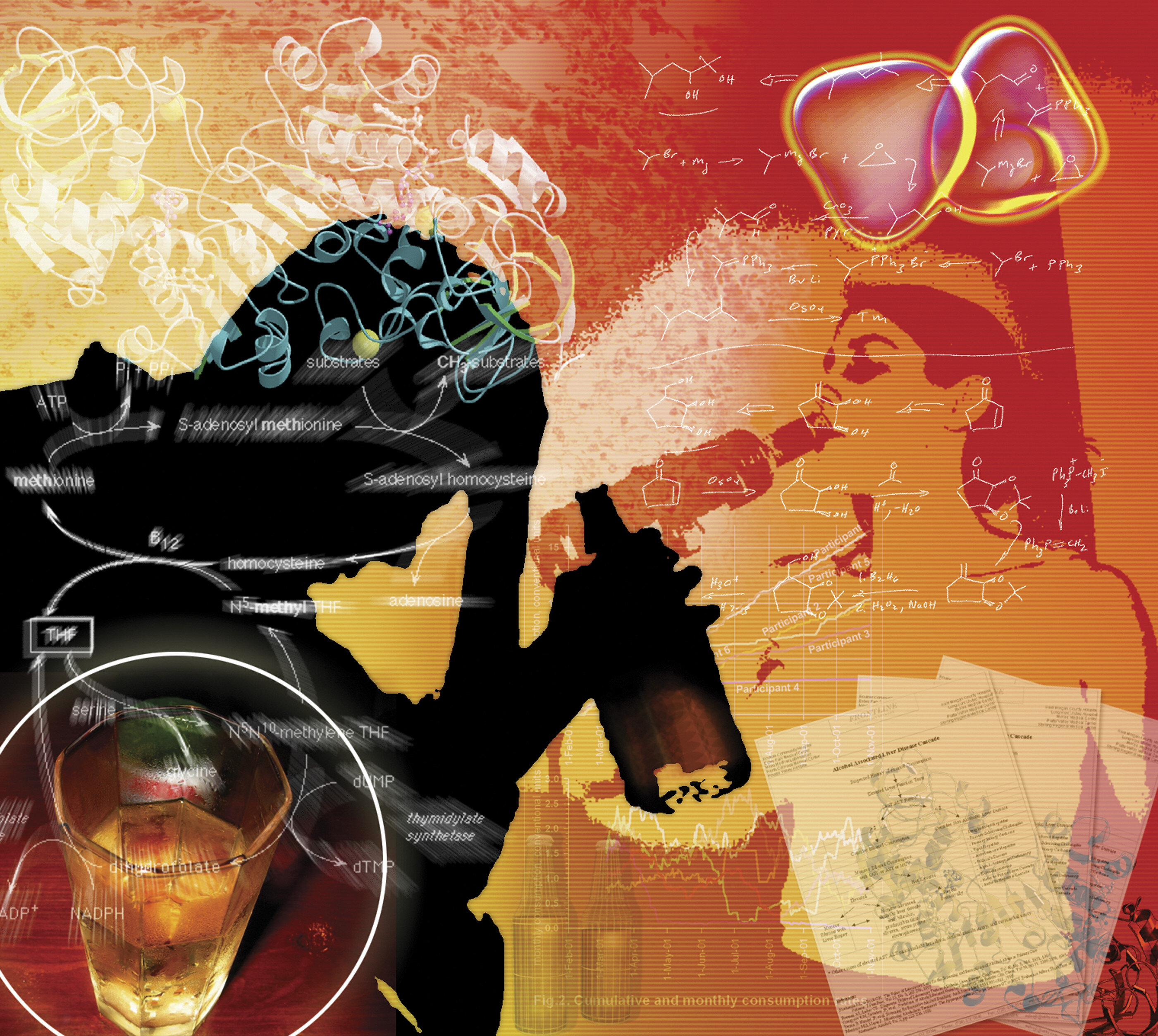 Alkoholisme Illustrasjonen viser en silhuett av en mann som holder en flaske og støtter hodet i den ene hånda. I bakgrunnen skimtes ei jente som drikker av en flaske.