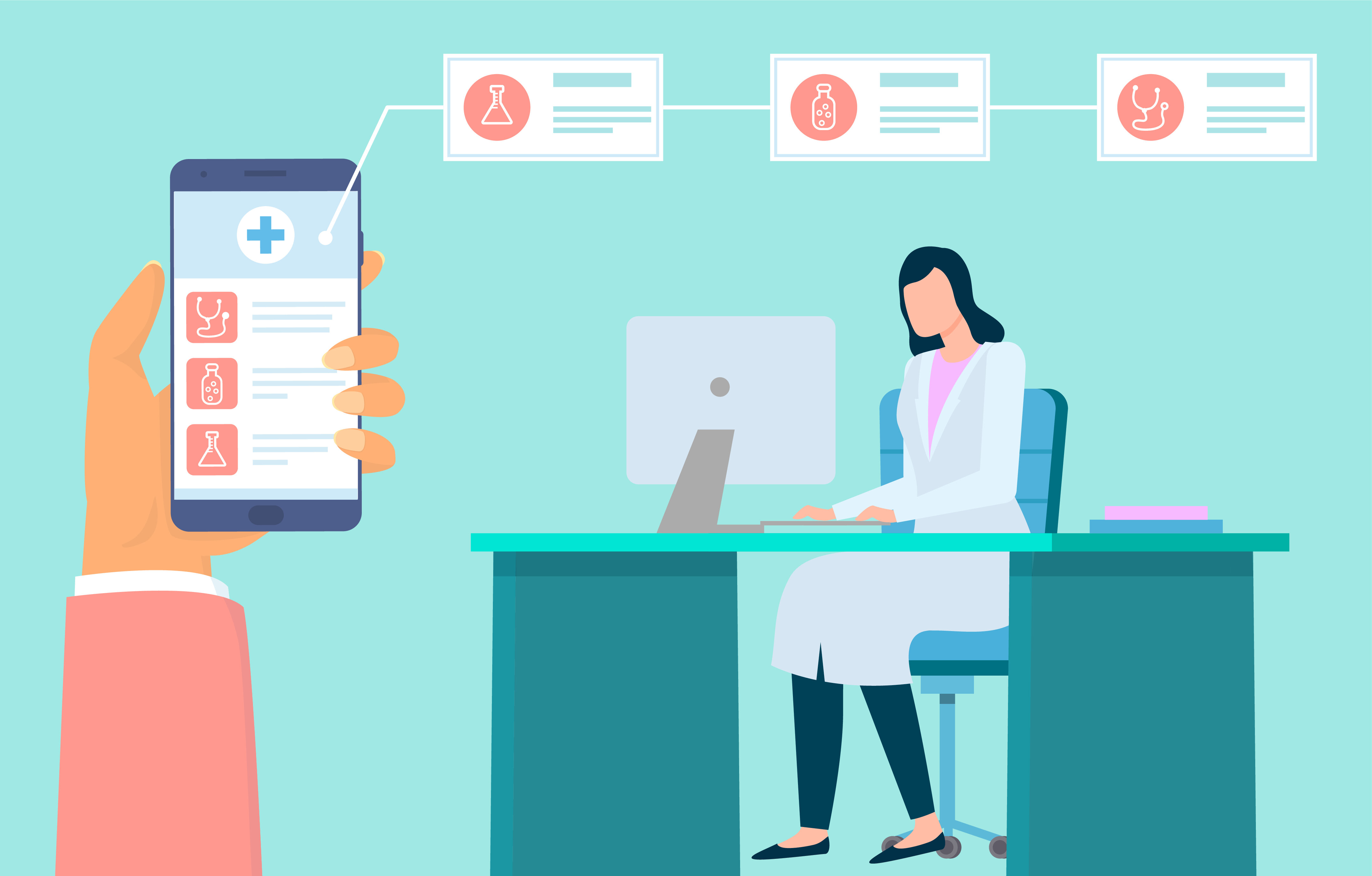 Digitalt helsevesen Illustrasjonen viser en lege som sitter ved en pult. En hånd holder en mobil, og det er flere "snakkebobler" rundt med ulike digitale helsetjenester