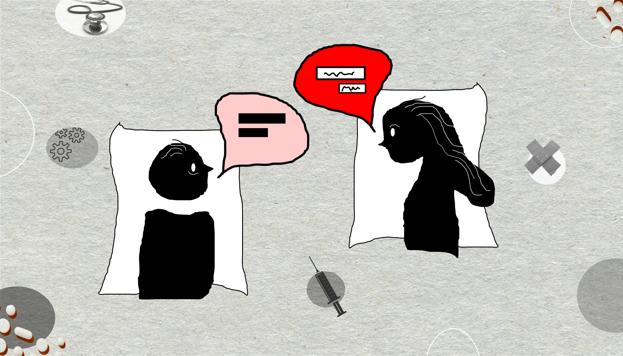 Samtale Illustrasjonen viser to mennesker med snakkebobler. Medisinsk utstyr er spredt rundt omkring på illustrasjonen.