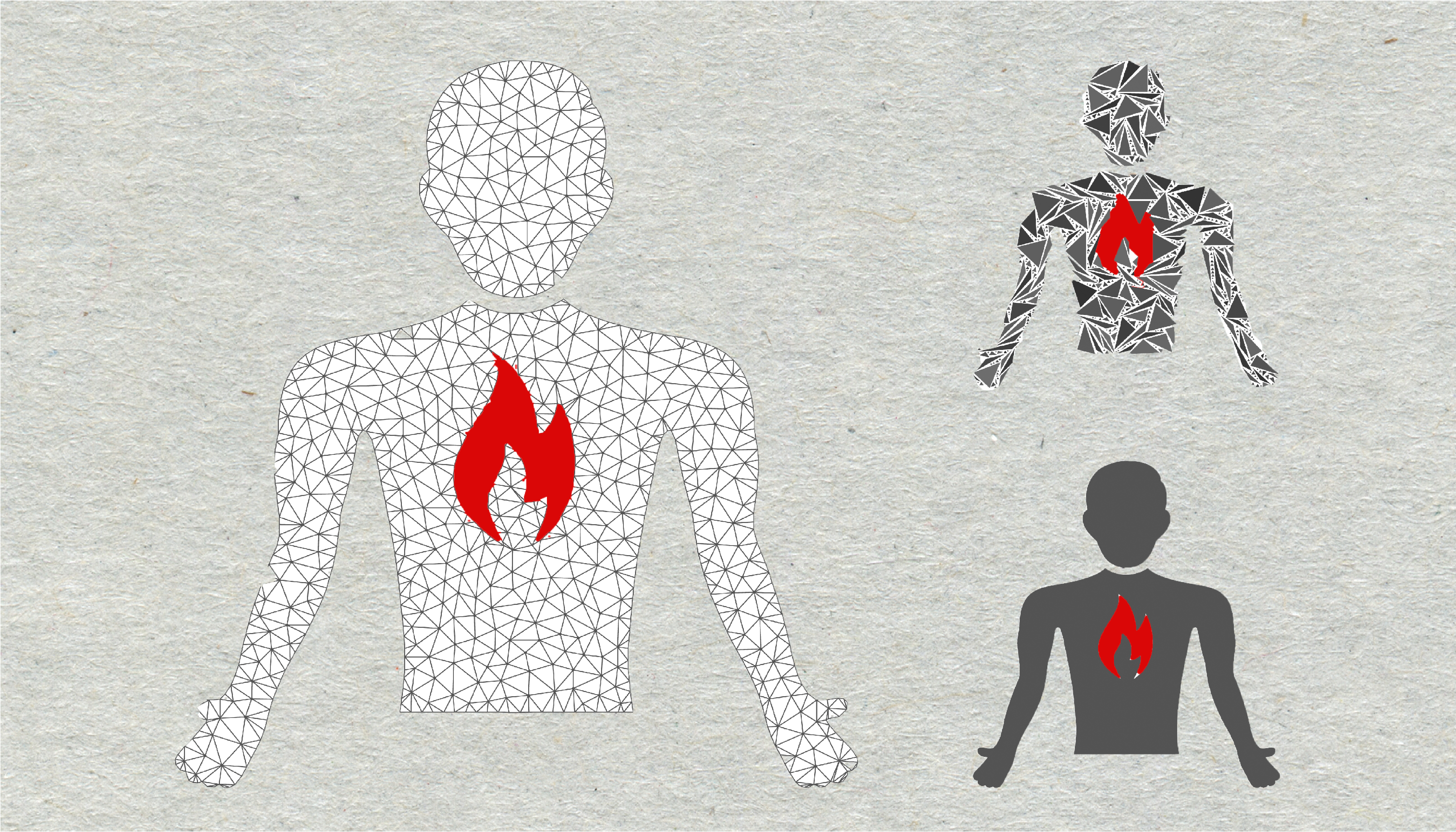 Smerte Illustrasjonen er tre tegninger av et menneske som har en flammende ild i brystet