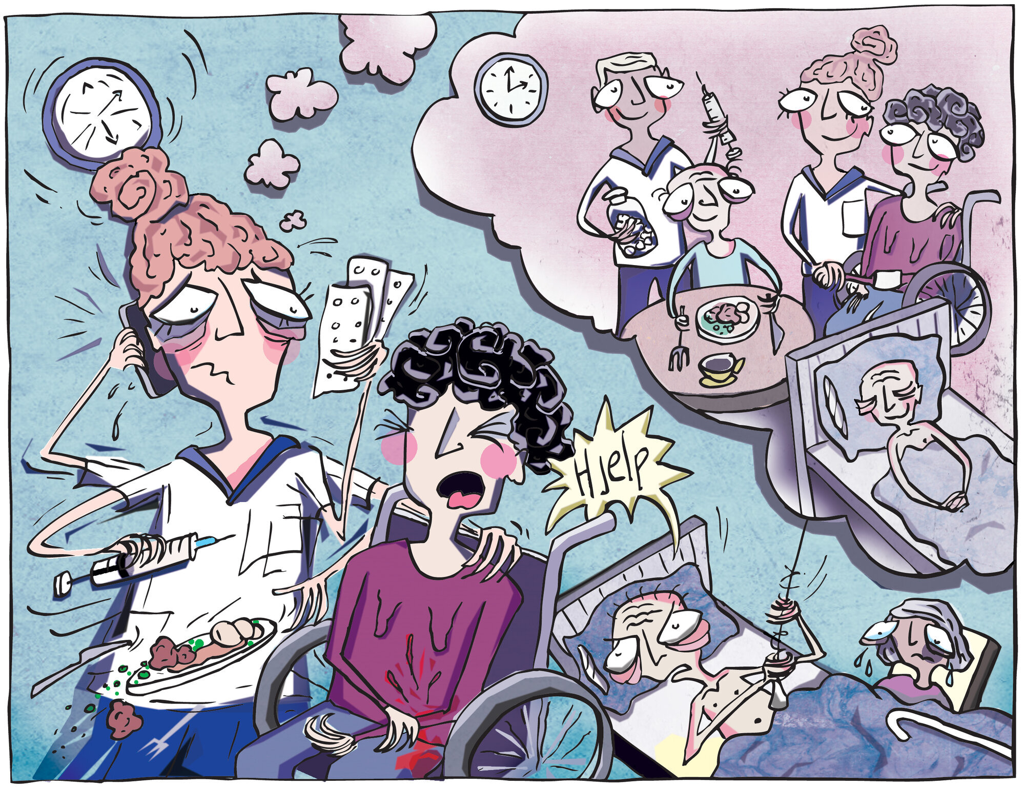 Sykepleier i en hektisk arbeidssituasjon som drømmer om en annerledes jobbhverdag Illustrasjonen viser en sykepleier i en hektisk arbeidssituasjon som drømmer om en annerledes jobbhverdag