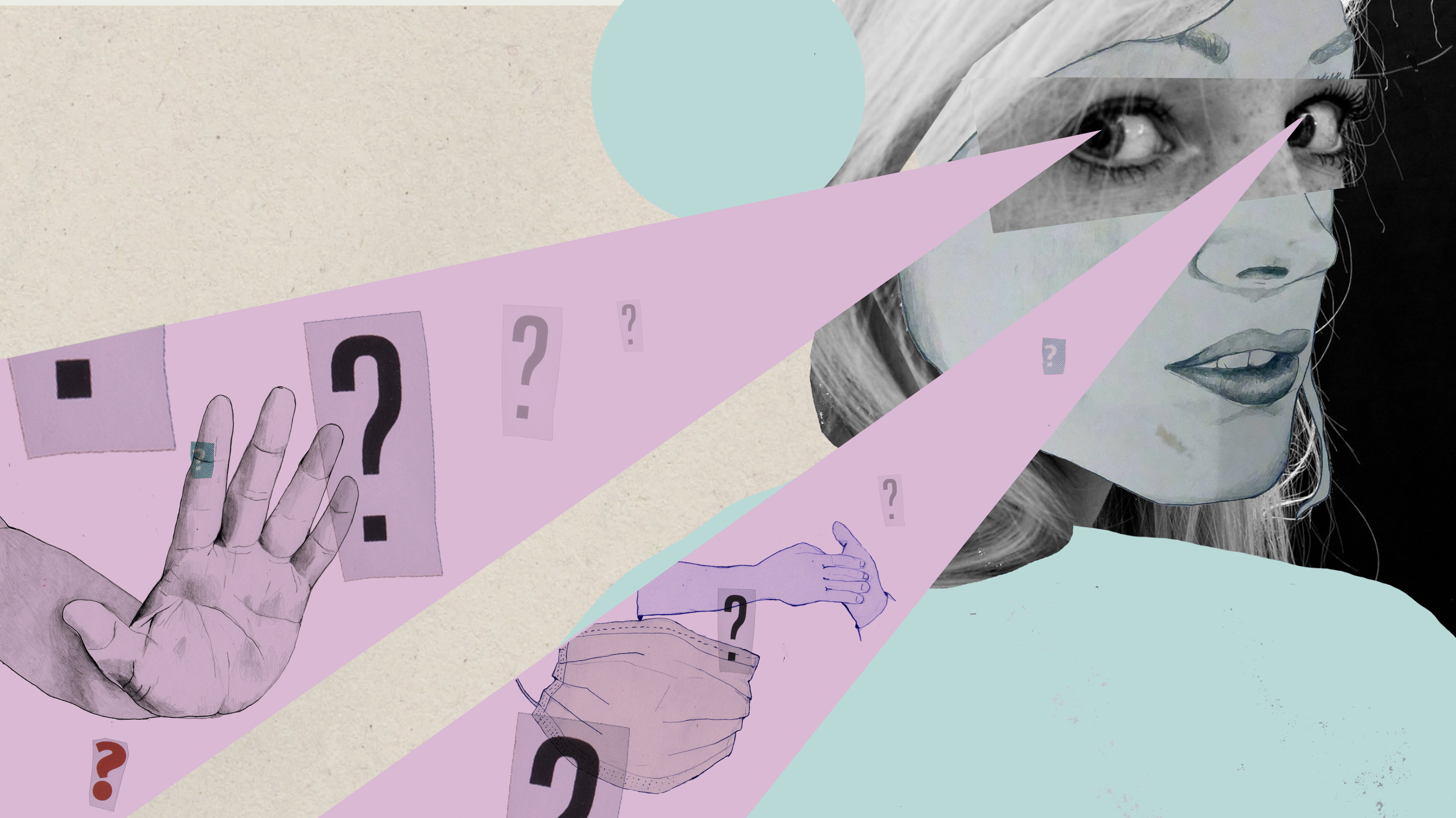 Etiske utfordringer Illustrasjonen viser en kollasj av en dame som ser mot to "stråler" av hender, armer, spørsmålstegn, munnbind m.m.