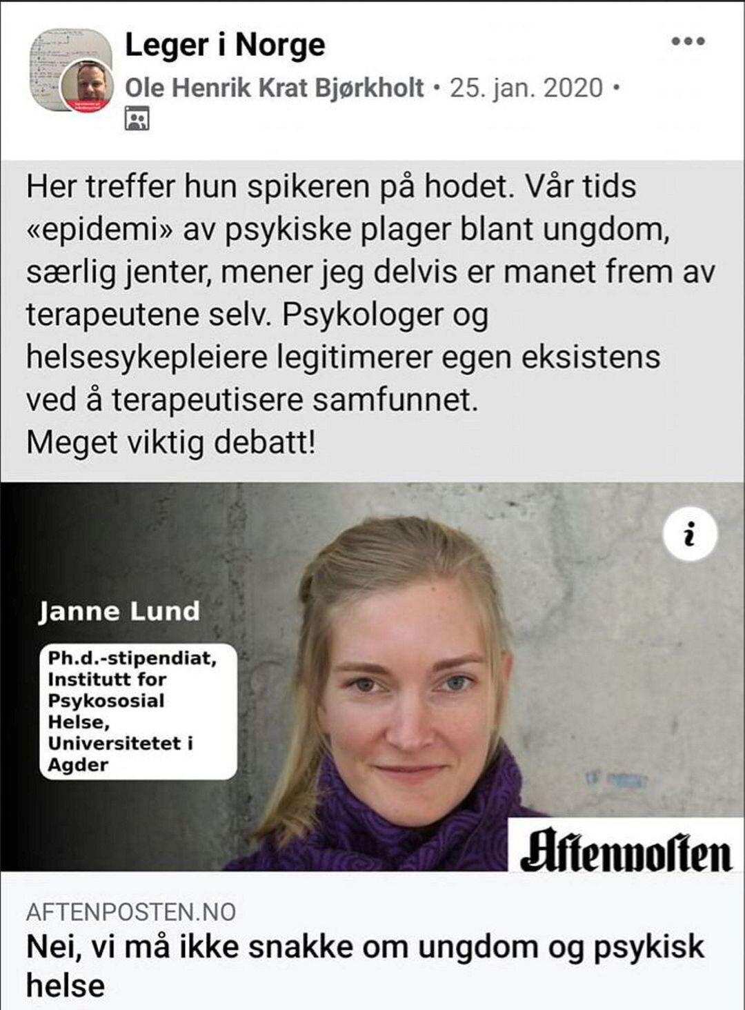Skjermdump av Bjørkholt innlegg på gruppen "Leger i Norge". Skjermdump av Bjørkholt innlegg på gruppen "Leger i Norge".