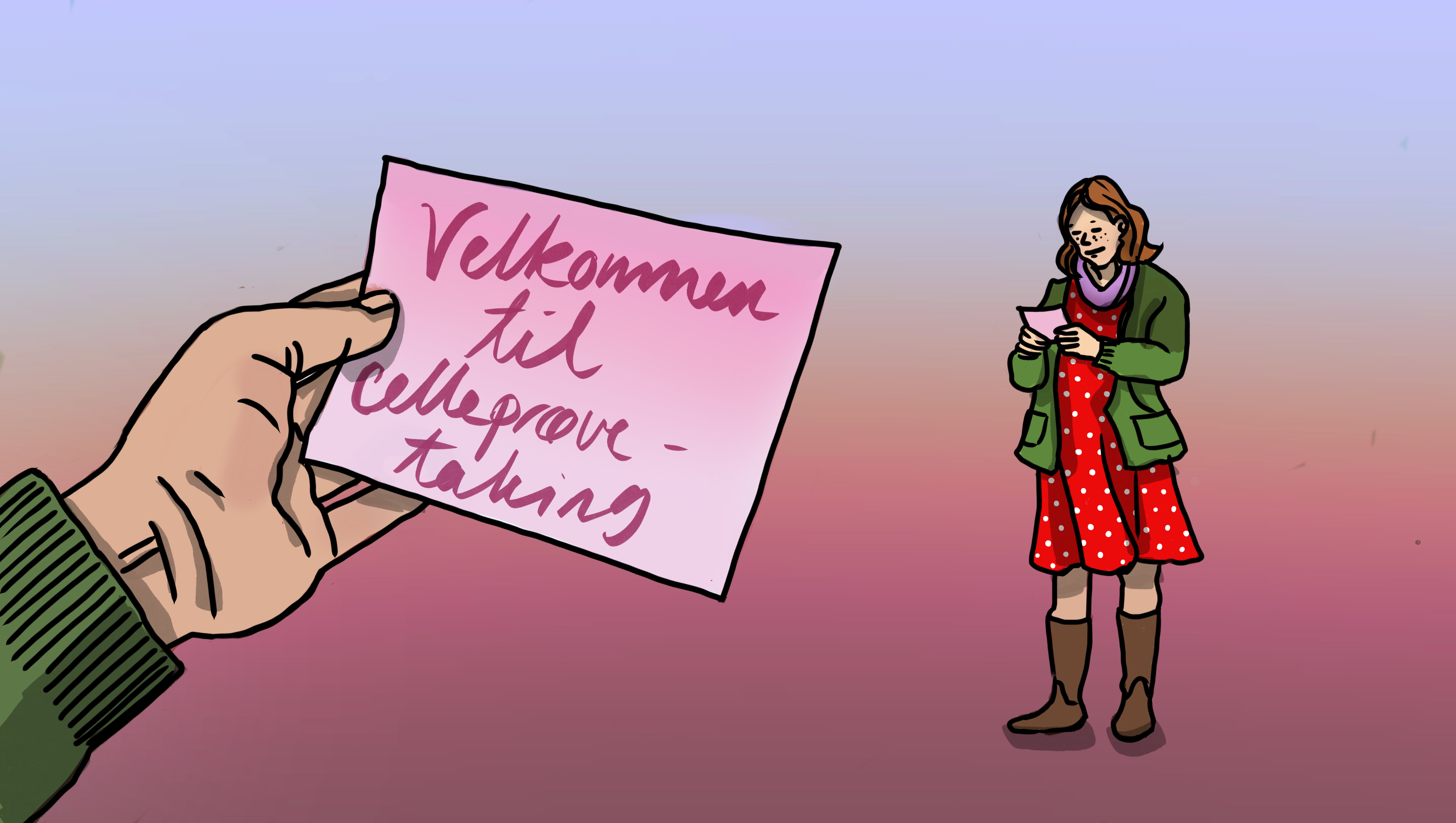 Velkommen til celleprøvetaking Illustrasjonen viser en kvinne som har fått et kort der det står "Velkommen til celleprøvetaking".
