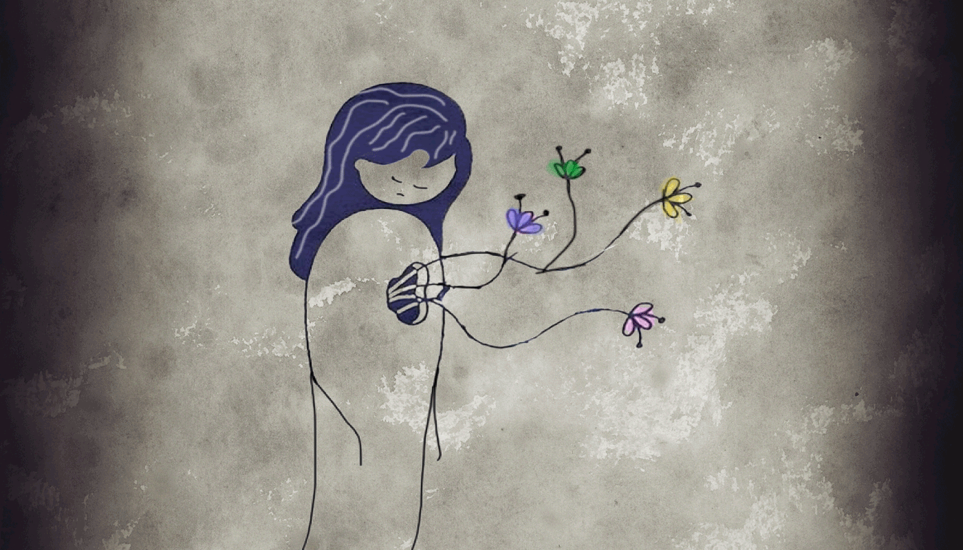 Respekt, likeverd, empati og autonomi. Illustrasjonen viser en kvinne, der ordene respekt, autonomi, empati og likeverd "strømmer ut" fra hjertet