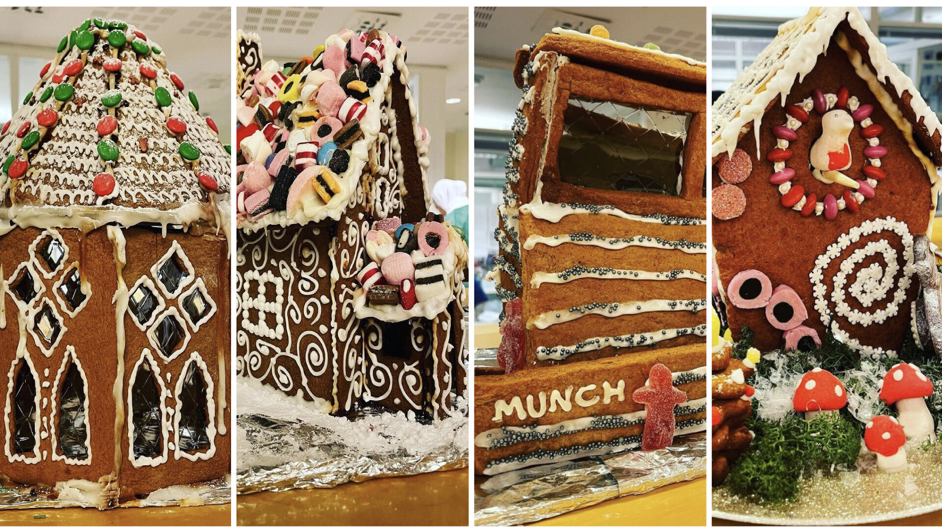 Pepperkakehus, julekalender Bildet viser fire pepperkakehus.