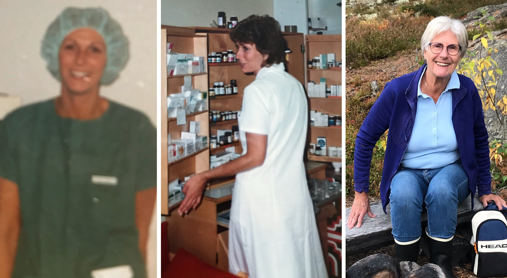 Grethe Lauritzen, sykepleier Bildet viser Grethe Lauritzen som sykepleierstudent, sykepleier og pensjonist.