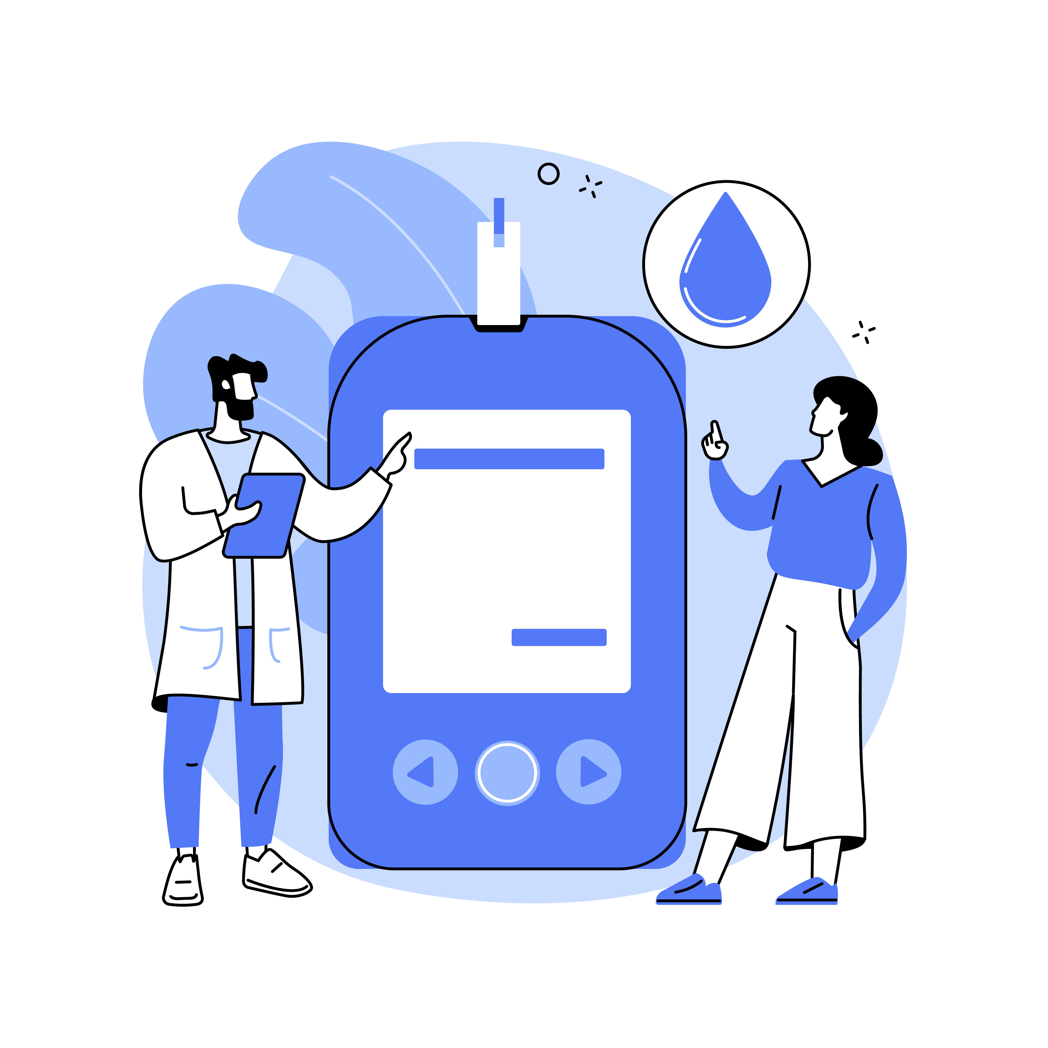 Blodsukker, blodglukose, illustrasjon Illustrasjonen viser to mennesker, et apparat for å måle blodsukker og en bloddråpe.