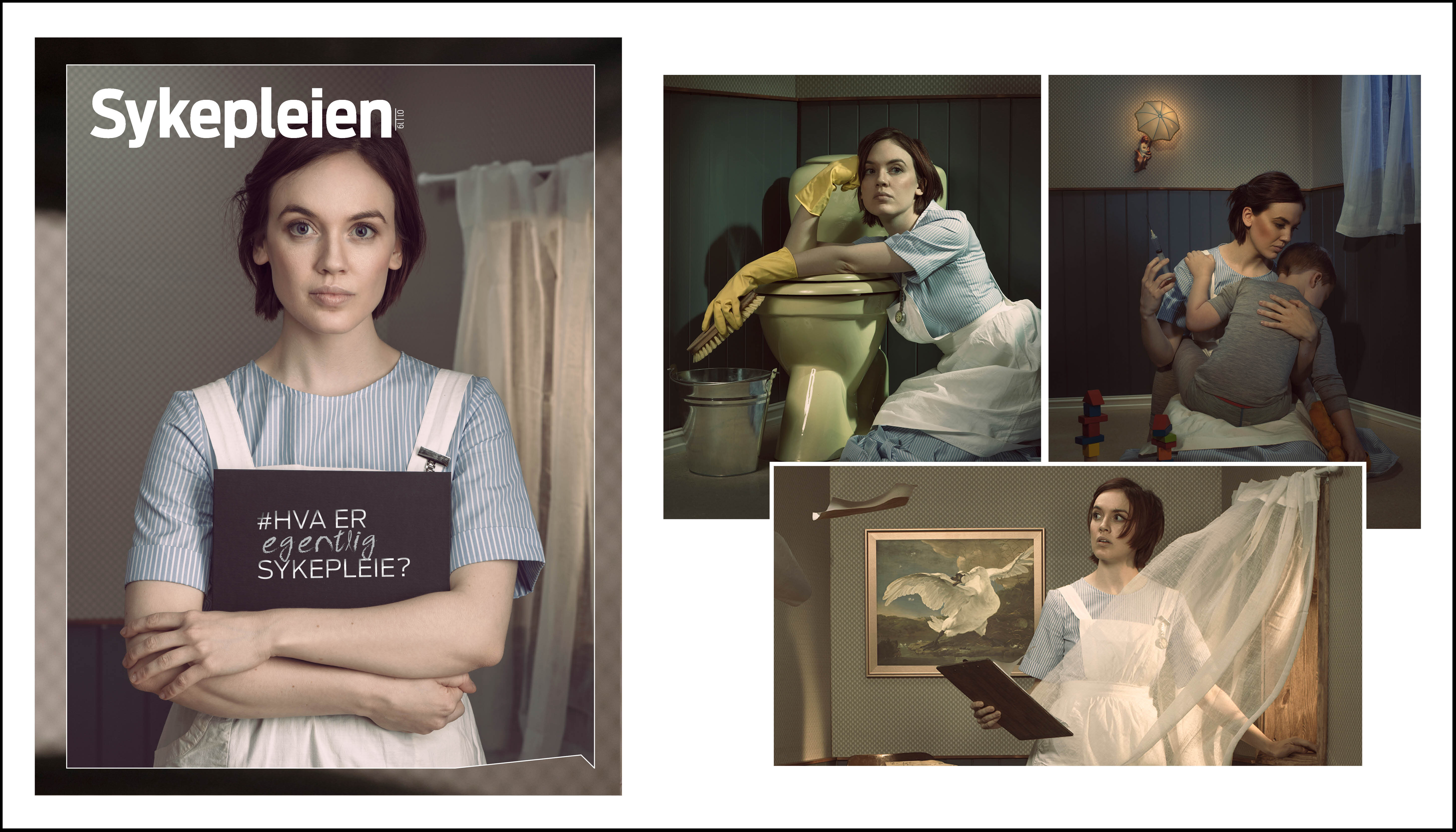 #Hva er egentlig sykepleie? Montasjen viser forsiden av Sykepleiens temanummer #Hva er egentlig sykepleie og tre bilder fra bladet av sykepleiere