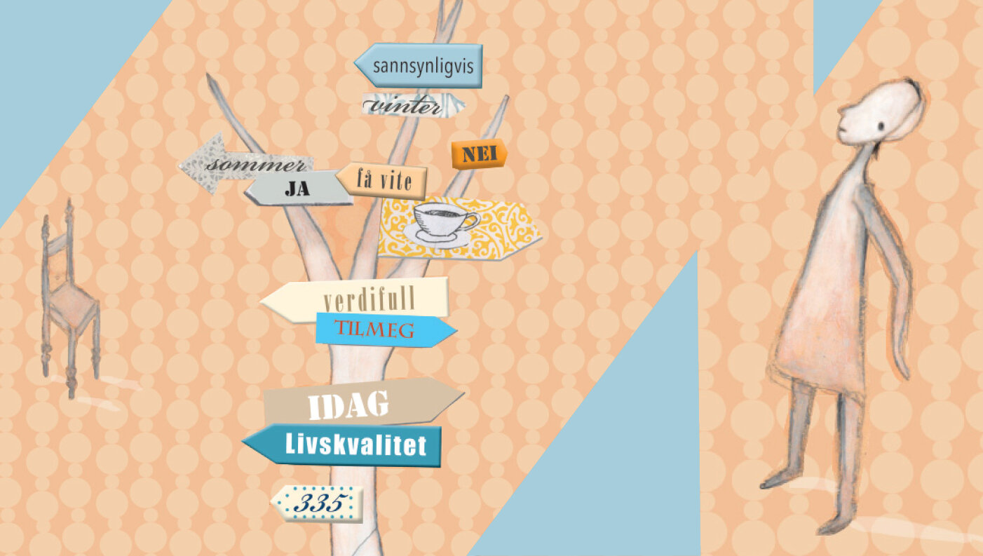 Samvalg Illustrasjonen viser en person som står foran ulike skilt som peker i hver sin retning