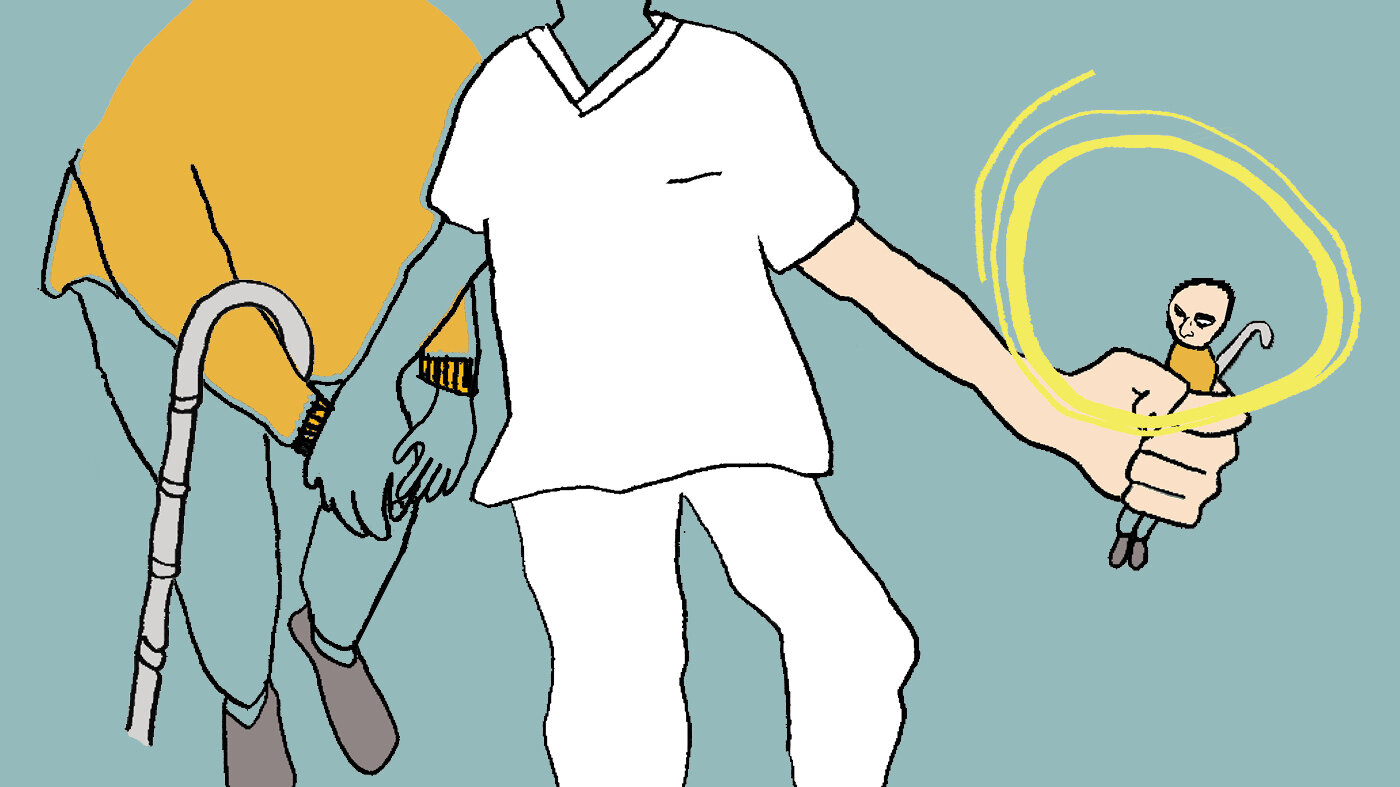 Omsorg eller makt En sykepleier viser omsorg men den ene hånden og makt med den andre