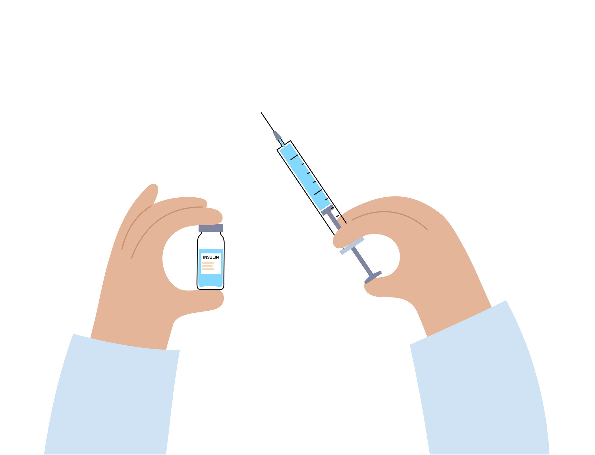 Insulin, hetteglass Illustrasjonen viser hender som holder hetteglass og sprøyte.