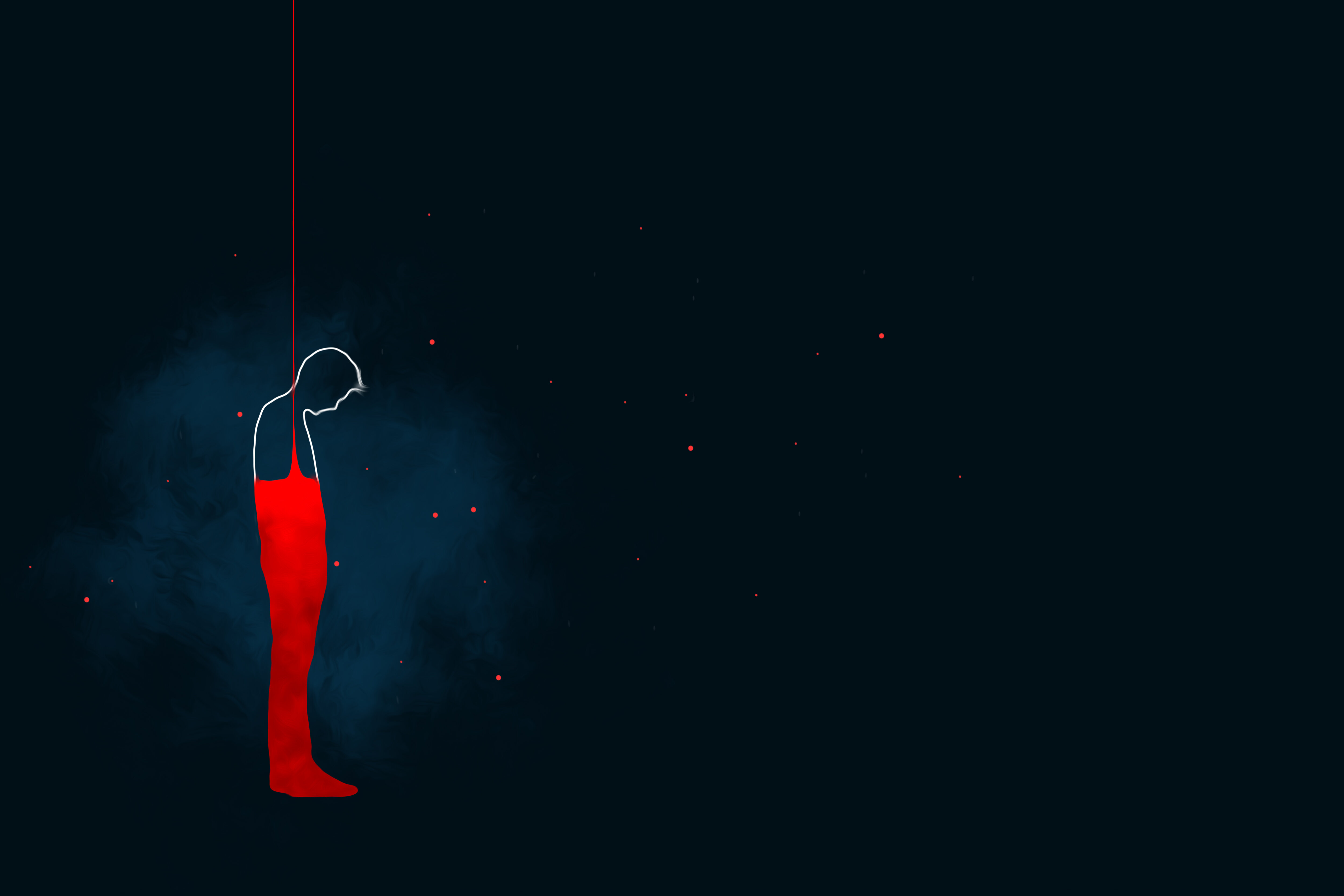 Bildet viser en kunstnerisk tegning av en ensom mann i rødt på en mørk bakgrunn. Mannen henger i en tynn tråd