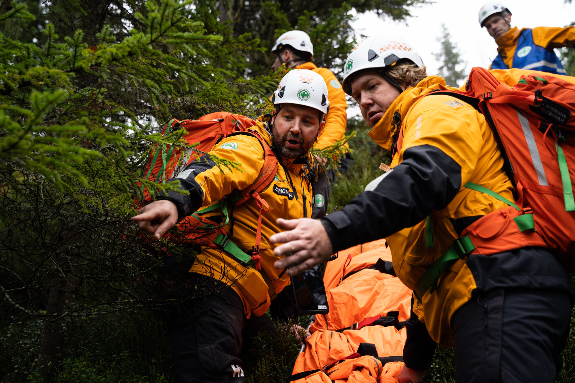 Bildet viser frivillige fra Norsk Folkehjelp som er ute på leteoppdrag i skogen Bildet viser frivillige fra Norsk Folkehjelp som er ute på leteoppdrag i skogen