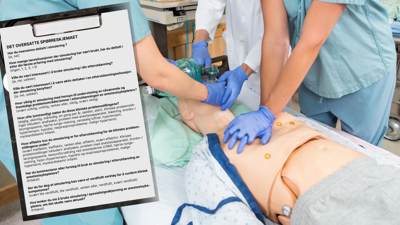 Spørreskjema ved simulering Bildemontasjen viser spørreskjemaet for simulering. I bakgrunnen ses sykepleierstudenter som utfører HLR på en dukke