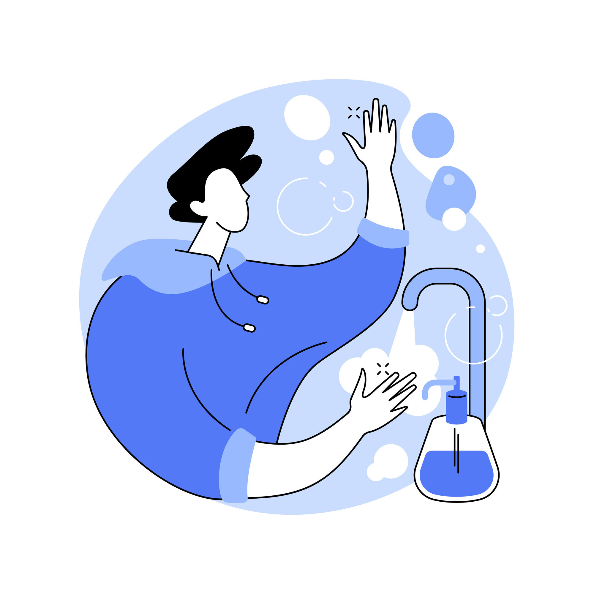 Illustrasjon, håndvask. Illustrasjonen viser en kvinne som vasker hender.