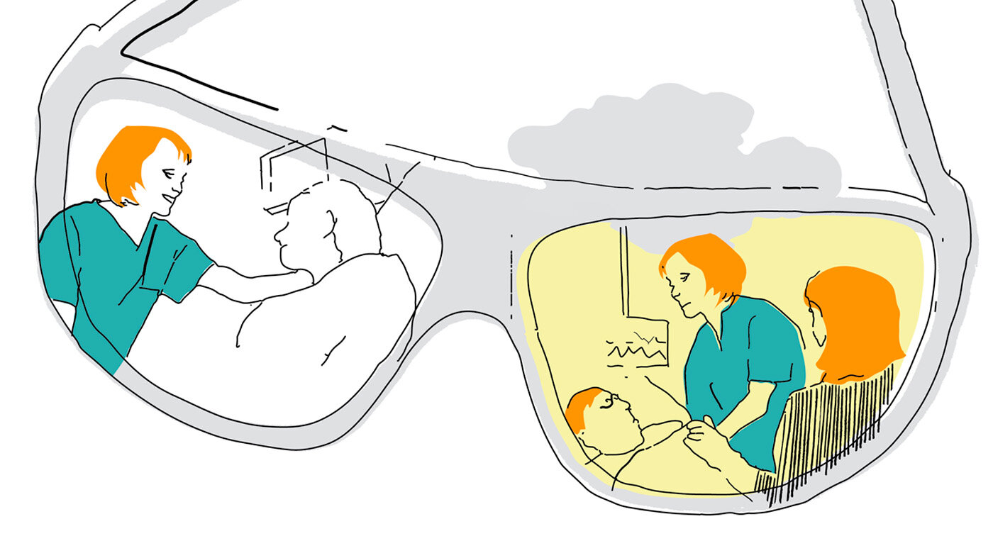 Pasienter i ulike roller Illustrasjonen viser et par briller, der gjenskinnet i det venstre glasset viser en sykepleier i farger med en hvit, fargeløs pasient. I det andre glasset ser vi den samme fargerike sykepleieren sammen med en fargerik pasient og pårørende. Alle har rødt hår og skal signalisere at de er i familie