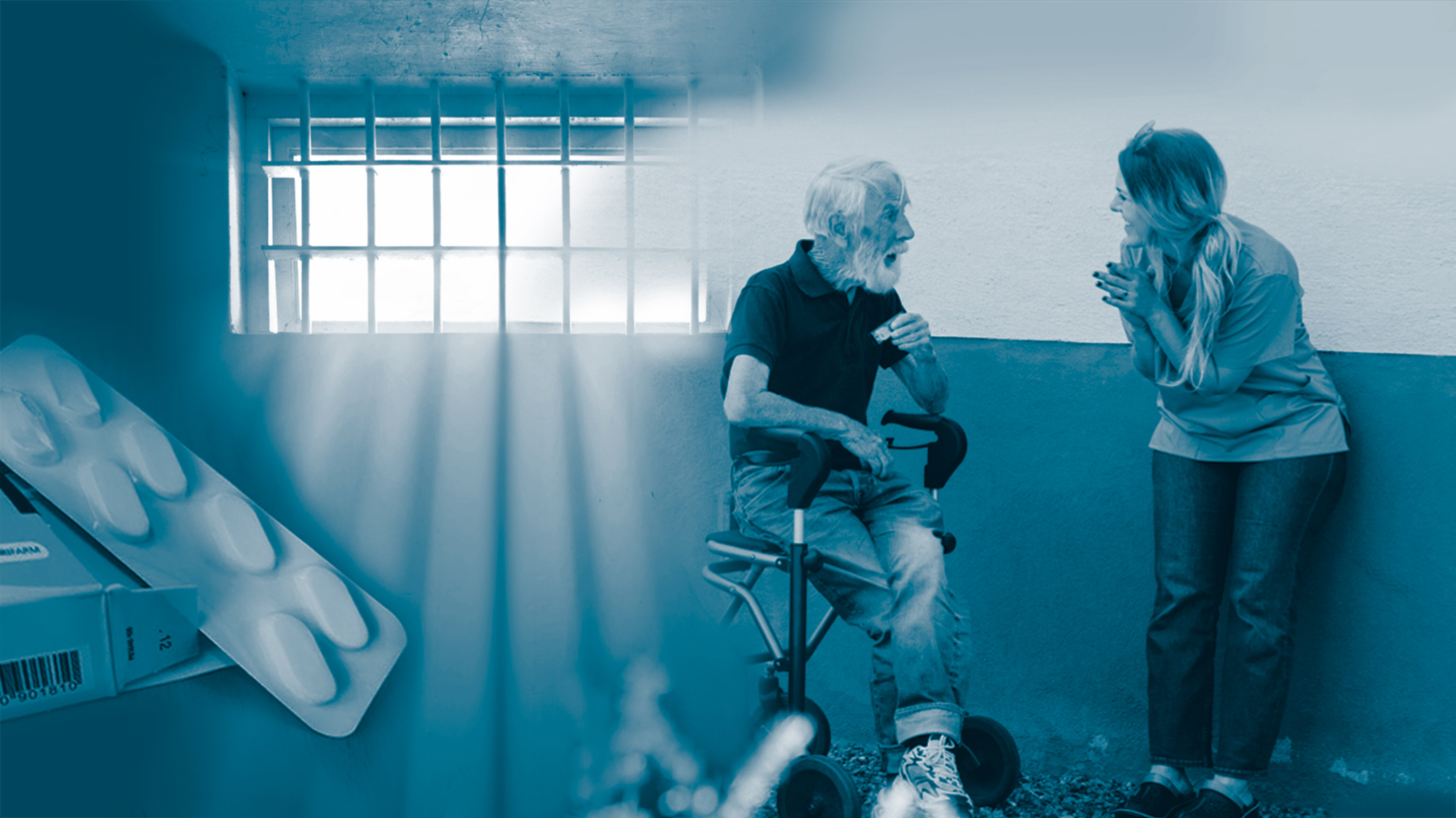LAR-behandling i fengsel Bildemontasjen viser tabletter, et fengselsvindu og en eldre mann på en rullator som snakker med en sykepleier