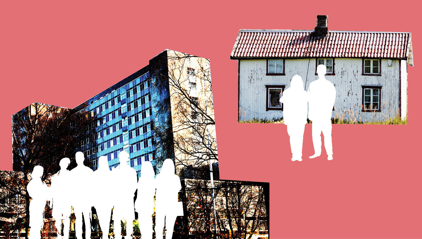 Sykepeliermangel Illustrasjonen viser to sykepleiere utenfor et hus i distriktet og flere sykepleiere utenfor et sykehus i byen