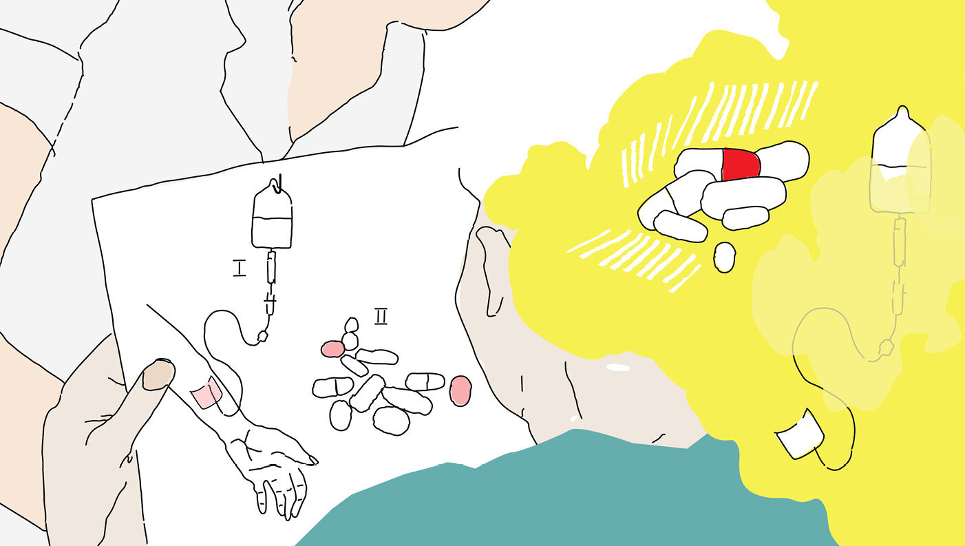 Samvalg for pasientene Illustrasjonen viser en pasient som holder et skjema med bilde av tabletter, blodoverføringspose osv., og så ses de samme illustrasjonene på toppen av hodet, som en slags tenkeboble