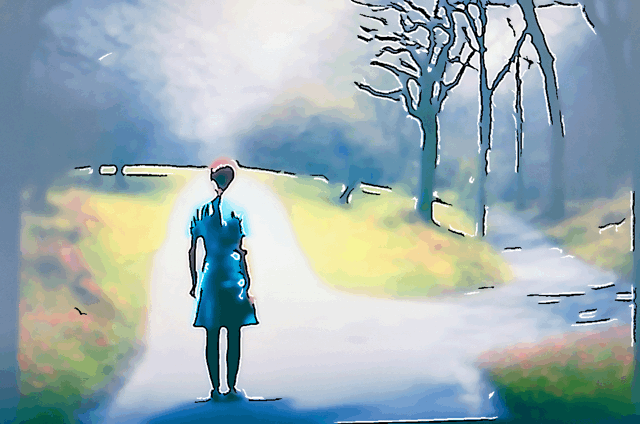 Veivalg Bildet viser en ung kvinne som står foran et veivalg