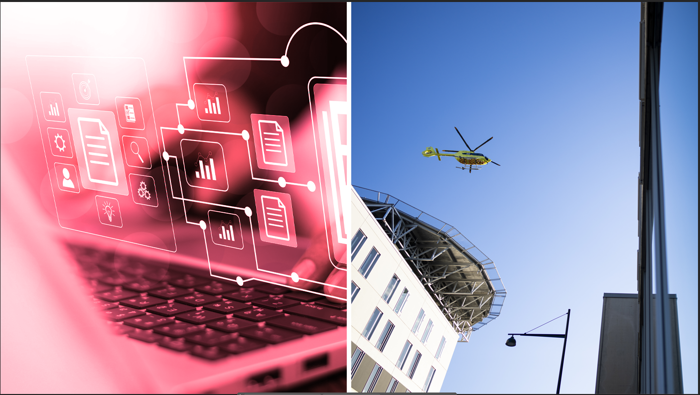 Bildet viser en collage. Halvparten av bildet er et bilde av tastatur og andre halvdel av helikopterplattformen ved St.Olavs hospital Bildet viser en collage. Halvparten av bildet er et bilde av tastatur og andre halvdel av helikopterplattformen ved St.Olavs hospital