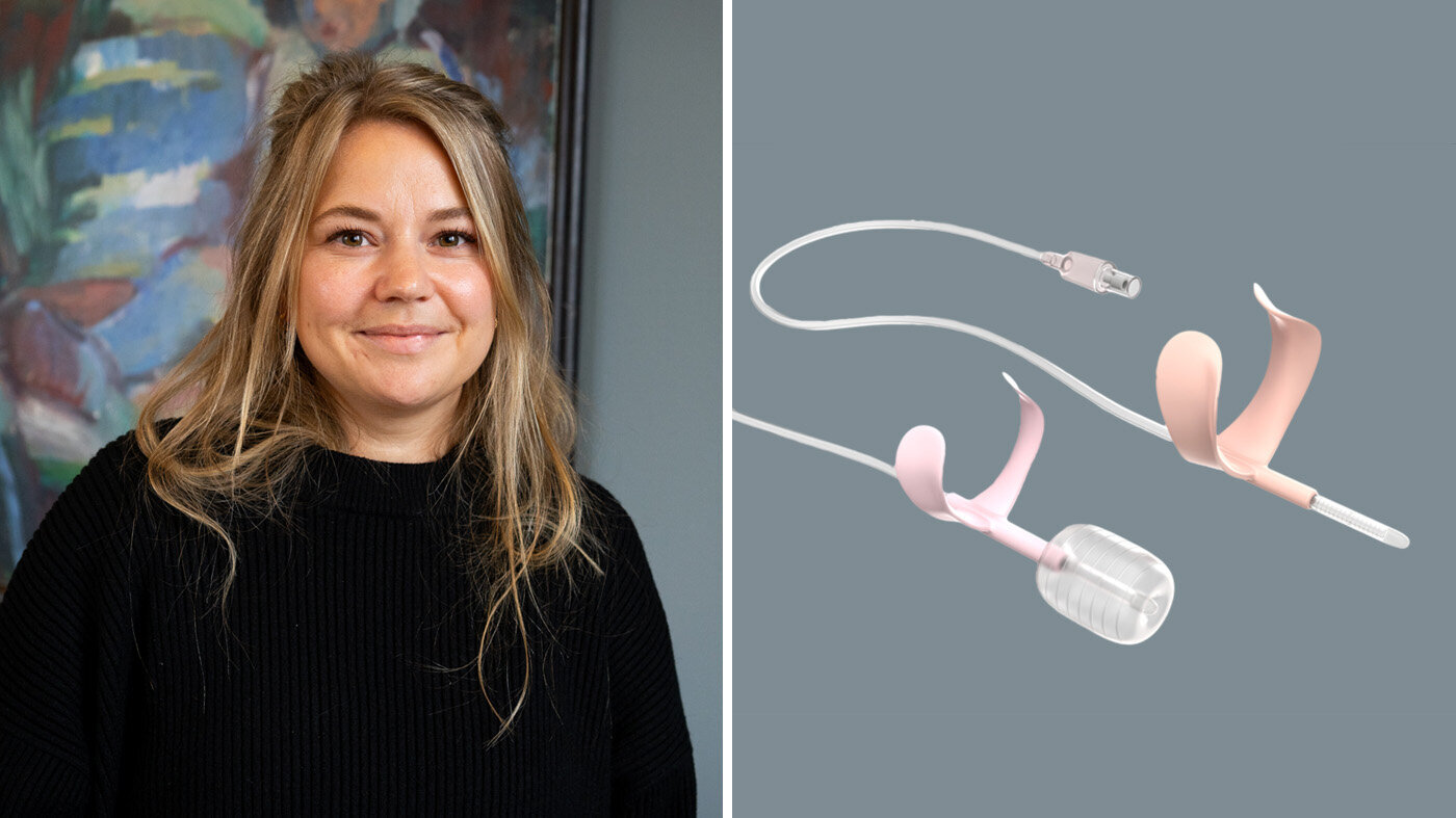 Marie Steinfjell og oppfinnelsen hennes Bildet viser Marie Steinfjell og oppfinnelsen hennes