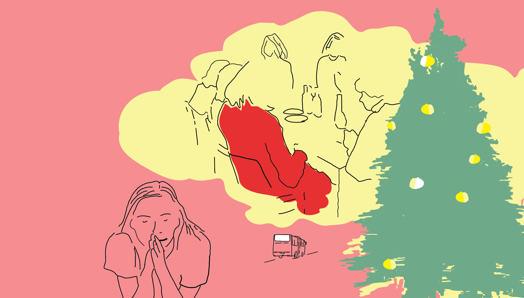 Bildet viser en tegning av mennesker rundt et spisebord.