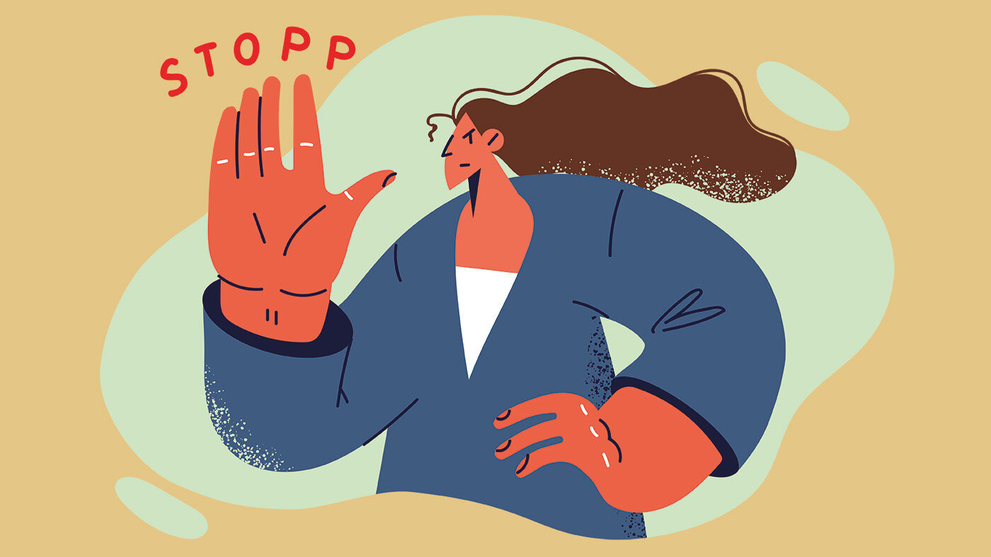 Sykepleier som holder hånden opp som stopp-tegn. Illustrasjonen viser en sykepleier som holder hånden opp som stopp-tegn.